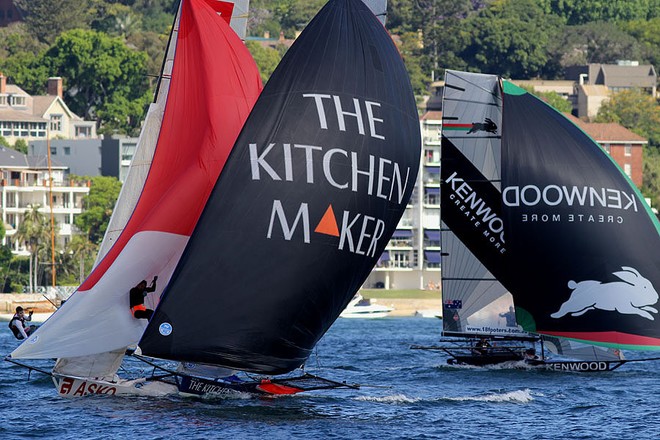 Action in the Sydney 18’s as boats try and avoid a kayaker out for a paddle on the weekend of November 11, 2012  © Frank Quealey /Australian 18 Footers League http://www.18footers.com.au